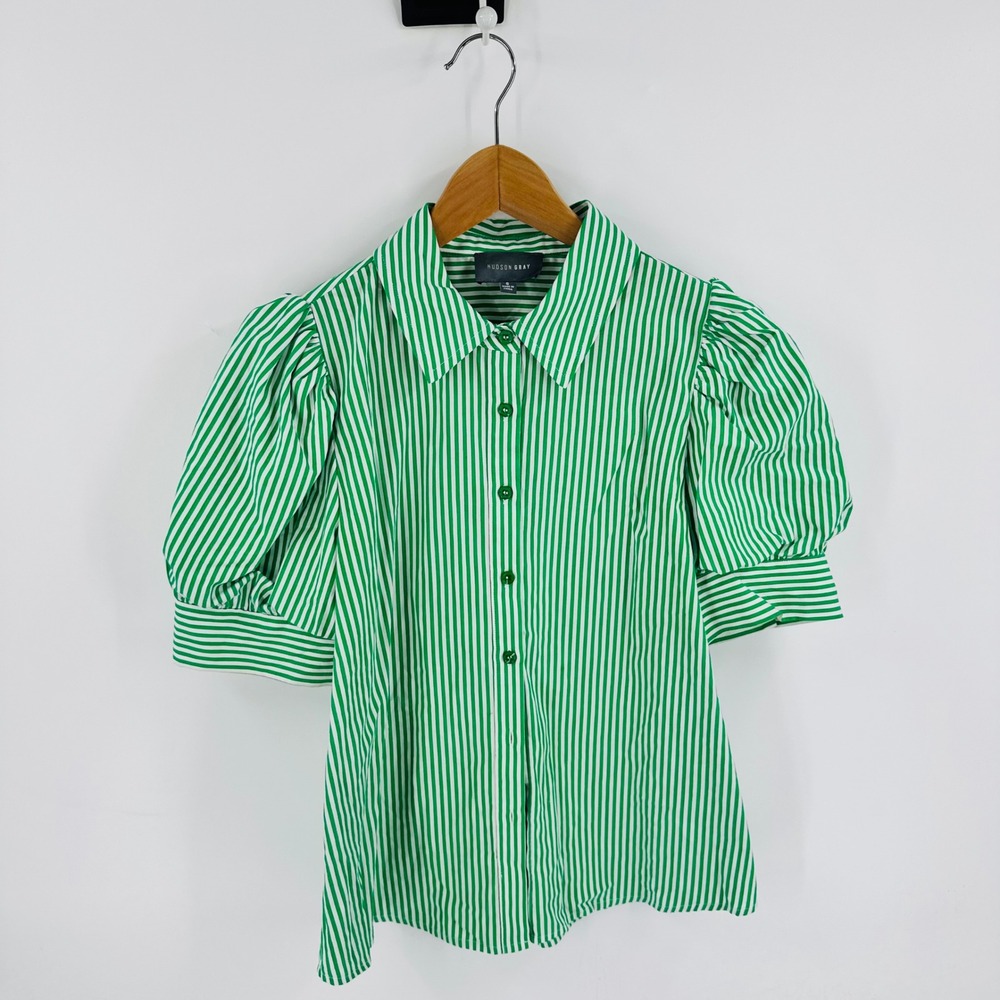 Hudson Gray Green White Puff Sleeve Striped Preppy Button Down Size S Coastal